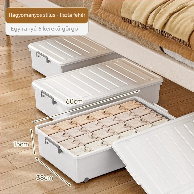 Ágy alatti tároló doboz görgőkkel, PP műanyagból, 100–150 L kapacitás, modell 5036, por- és nedvességálló