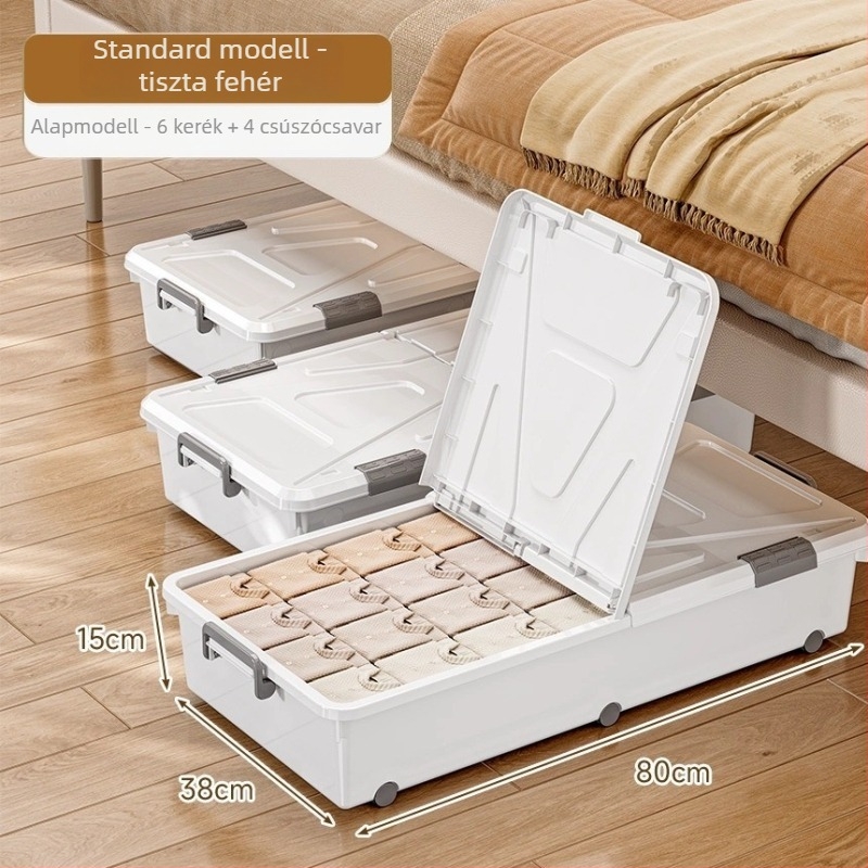 Ágy alatti tároló doboz görgőkkel, PP műanyagból, 100–150 L kapacitás, modell 5036, por- és nedvességálló