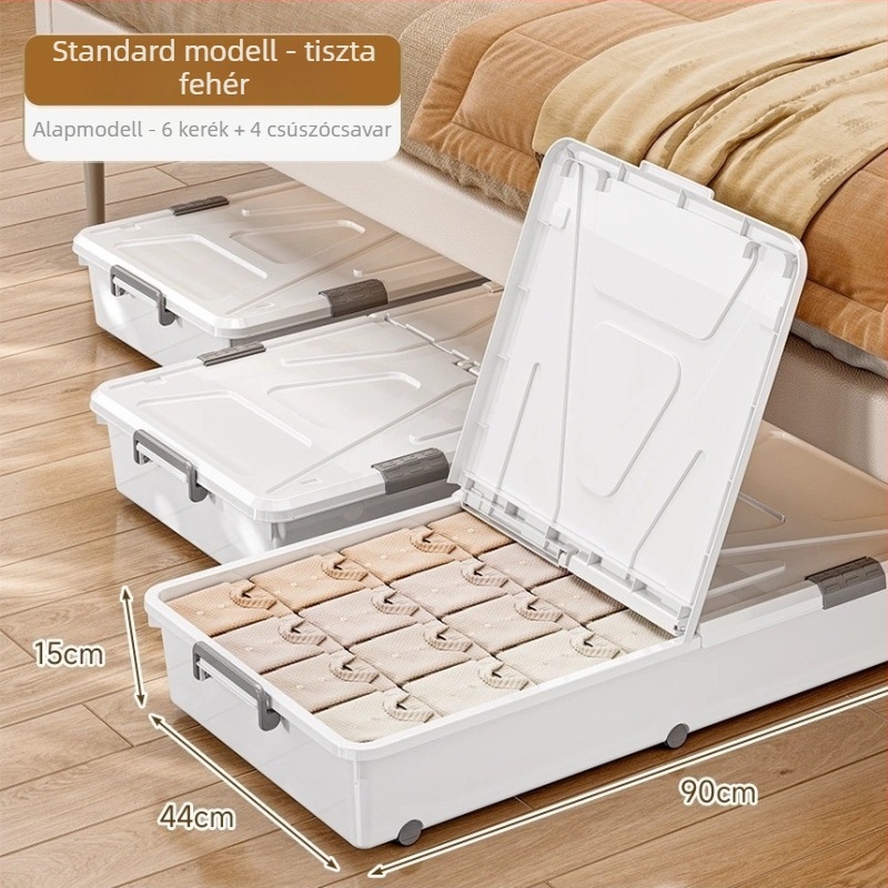 Ágy alatti tároló doboz görgőkkel, PP műanyagból, 100–150 L kapacitás, modell 5036, por- és nedvességálló