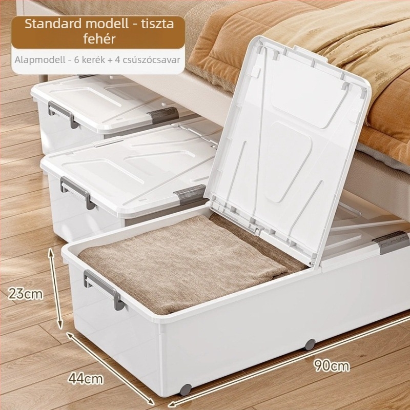 Ágy alatti tároló doboz görgőkkel, PP műanyagból, 100–150 L kapacitás, modell 5036, por- és nedvességálló