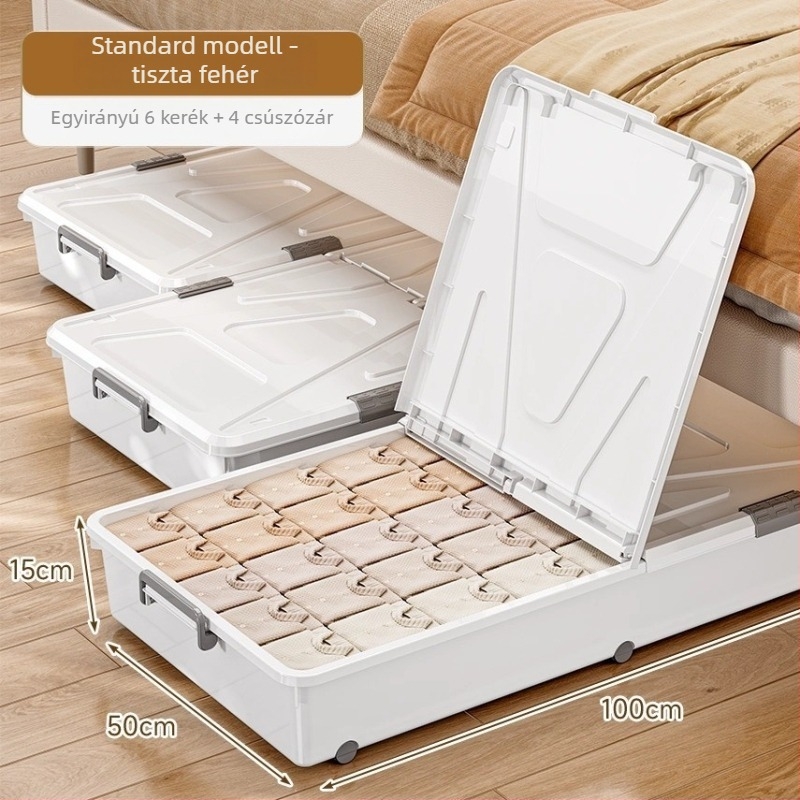 Ágy alatti tároló doboz görgőkkel, PP műanyagból, 100–150 L kapacitás, modell 5036, por- és nedvességálló