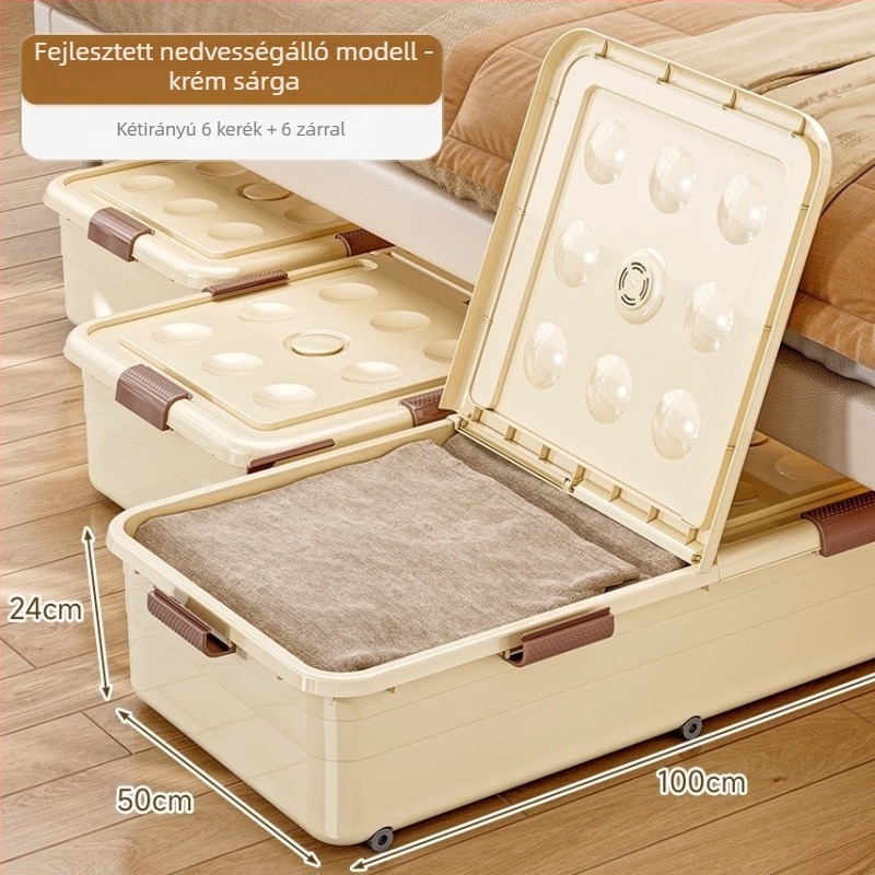 Ágy alatti tároló doboz görgőkkel, PP műanyagból, 100–150 L kapacitás, modell 5036, por- és nedvességálló