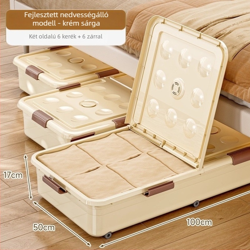 Ágy alatti tároló doboz görgőkkel, PP műanyagból, 100–150 L kapacitás, modell 5036, por- és nedvességálló