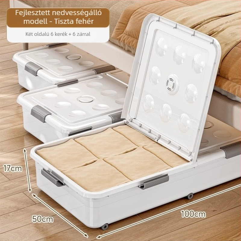 Ágy alatti tároló doboz görgőkkel, PP műanyagból, 100–150 L kapacitás, modell 5036, por- és nedvességálló
