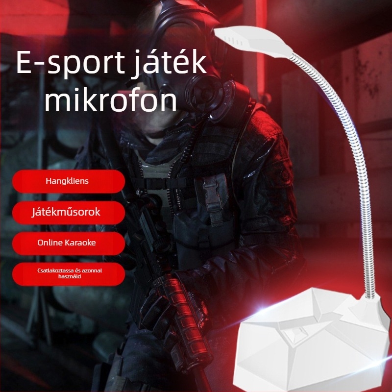 Asztali számítógéphez kapacitív mikrofon – játékhoz, karaoke-hoz, konferenciákhoz és élő közvetítéshez; vezetékes, 100 Hz–16 kHz, SNR ≥60 dB, irányváltoztató felvételi mód
