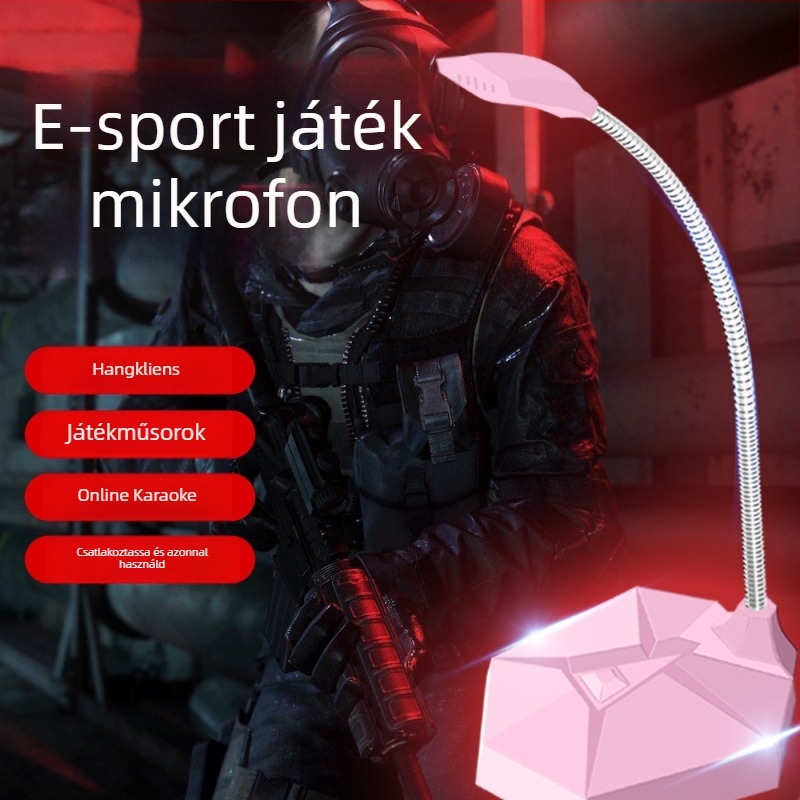 Asztali számítógéphez kapacitív mikrofon – játékhoz, karaoke-hoz, konferenciákhoz és élő közvetítéshez; vezetékes, 100 Hz–16 kHz, SNR ≥60 dB, irányváltoztató felvételi mód