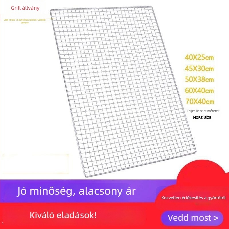 Grillháló rozsdamentes acélból, félkör alakú, négyzetes huzalháló, tapadásmentes bevonat