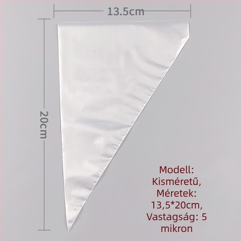 Egyszer használatos tortadíszítő zacskó, átlátszó háromszög alakú, megerősített, élelmiszer-minőségű PE anyagból, 100 darab/csomag