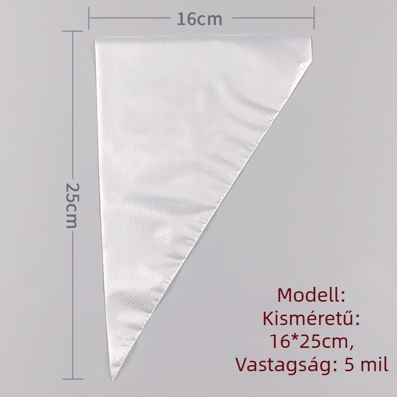 Egyszer használatos tortadíszítő zacskó, átlátszó háromszög alakú, megerősített, élelmiszer-minőségű PE anyagból, 100 darab/csomag