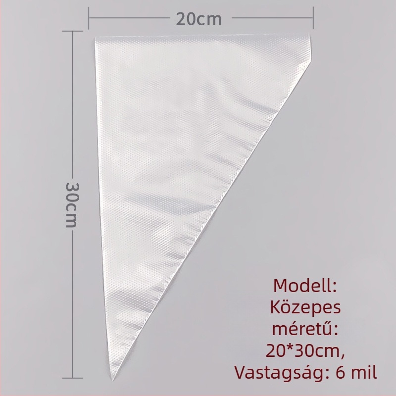 Egyszer használatos tortadíszítő zacskó, átlátszó háromszög alakú, megerősített, élelmiszer-minőségű PE anyagból, 100 darab/csomag