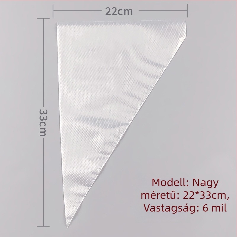 Egyszer használatos tortadíszítő zacskó, átlátszó háromszög alakú, megerősített, élelmiszer-minőségű PE anyagból, 100 darab/csomag