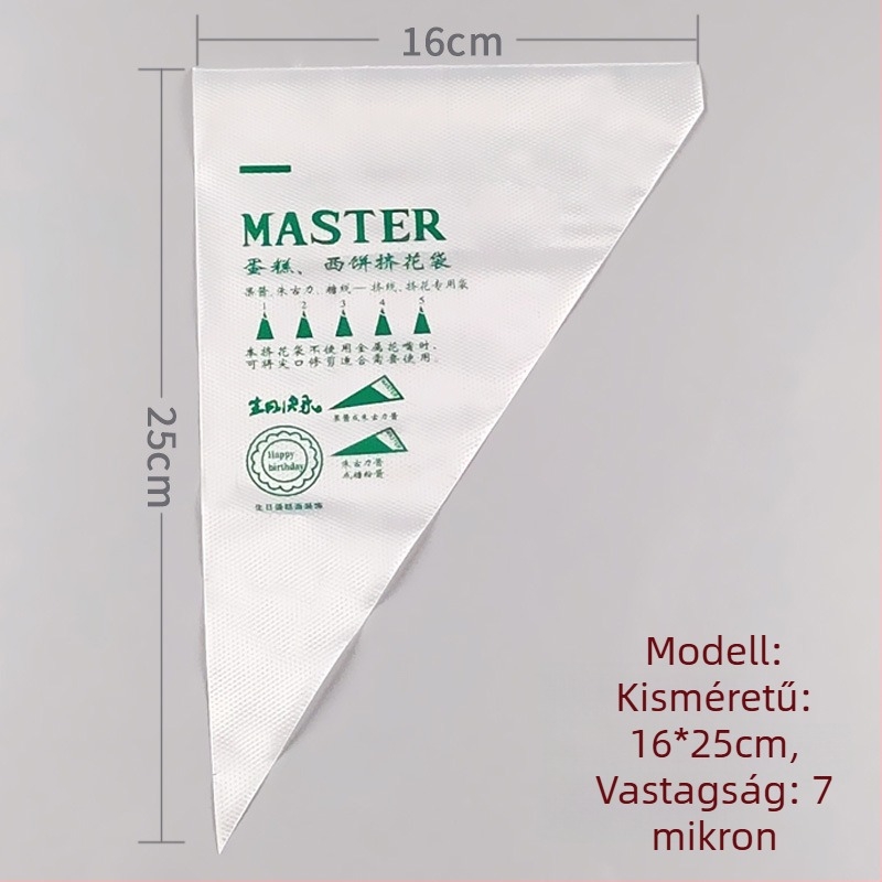 Egyszer használatos tortadíszítő zacskó, átlátszó háromszög alakú, megerősített, élelmiszer-minőségű PE anyagból, 100 darab/csomag