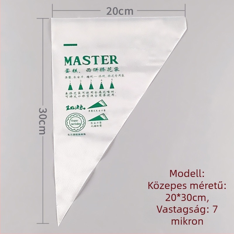 Egyszer használatos tortadíszítő zacskó, átlátszó háromszög alakú, megerősített, élelmiszer-minőségű PE anyagból, 100 darab/csomag