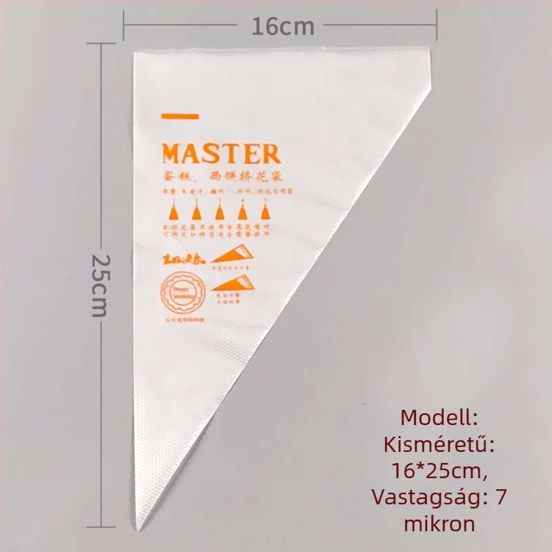 Egyszer használatos tortadíszítő zacskó, átlátszó háromszög alakú, megerősített, élelmiszer-minőségű PE anyagból, 100 darab/csomag