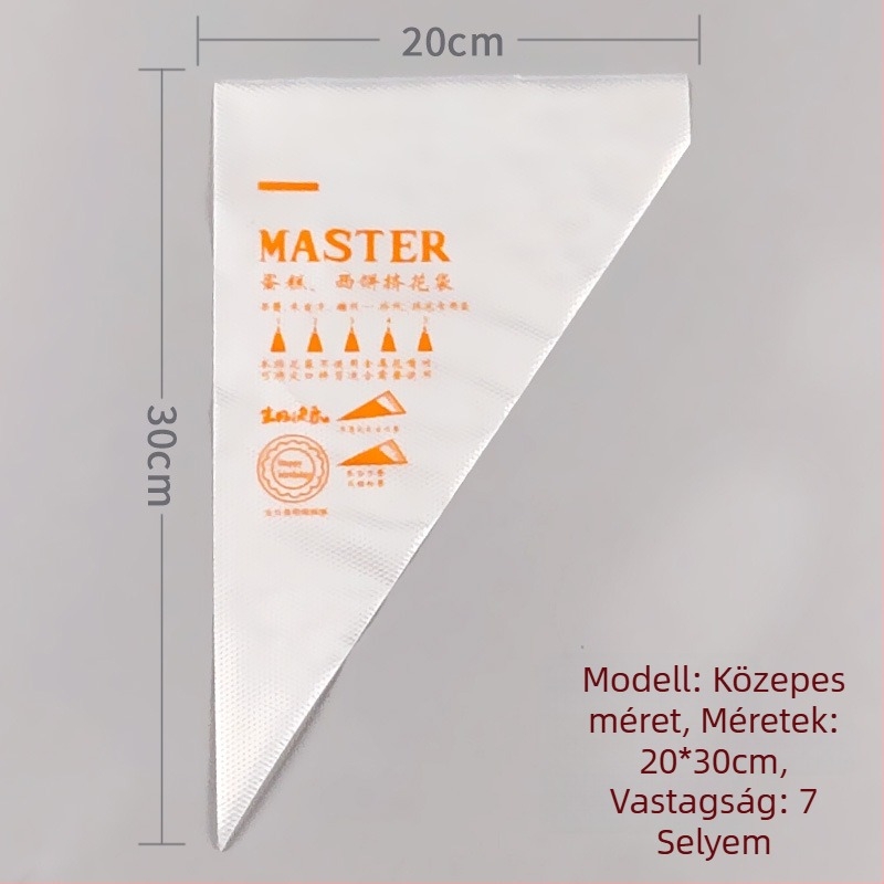 Egyszer használatos tortadíszítő zacskó, átlátszó háromszög alakú, megerősített, élelmiszer-minőségű PE anyagból, 100 darab/csomag
