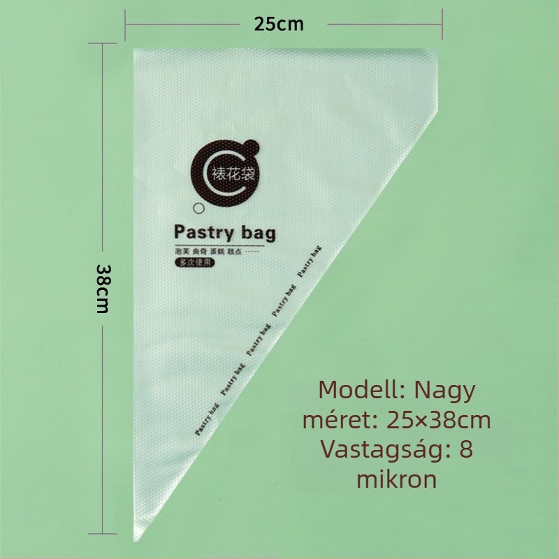 Egyszer használatos tortadíszítő zacskó, átlátszó háromszög alakú, megerősített, élelmiszer-minőségű PE anyagból, 100 darab/csomag