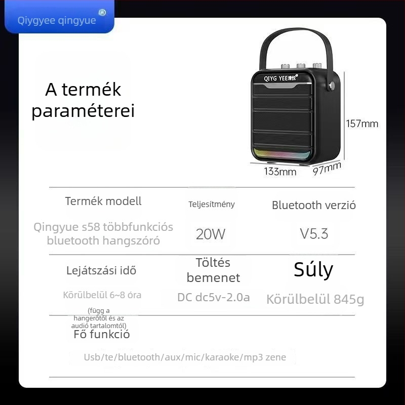 Yalixin HFC-902 Bluetooth hordozható hangsugárzó karaoke és négyzet-tánc alkalmazásokhoz, 15W, Bluetooth 5.0, beépített 4000mAh akkumulátor, 100Hz-20kHz