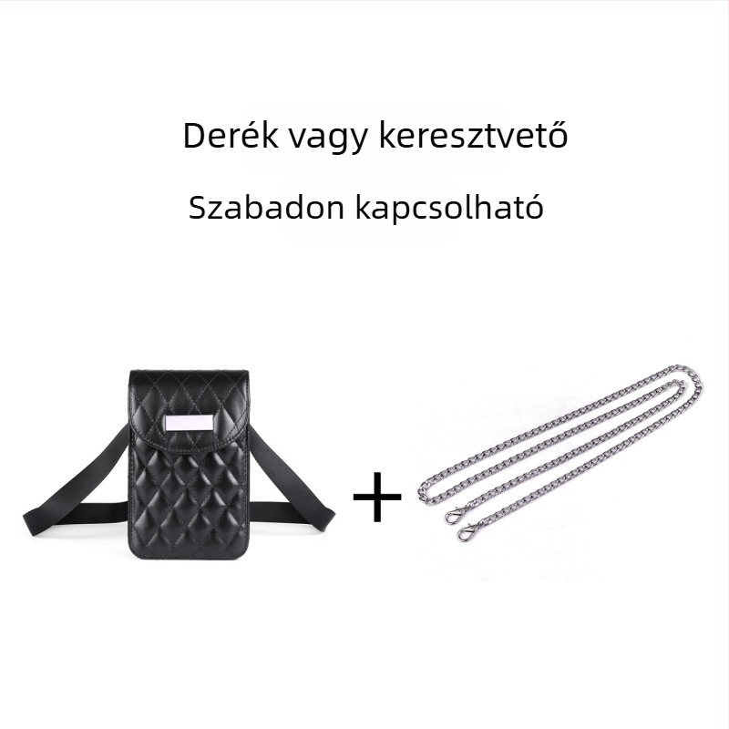 Láncos keresztbody övtáska, quiltelt mintázat, PU anyag, cipzáras nyitás, laminált belső zseb