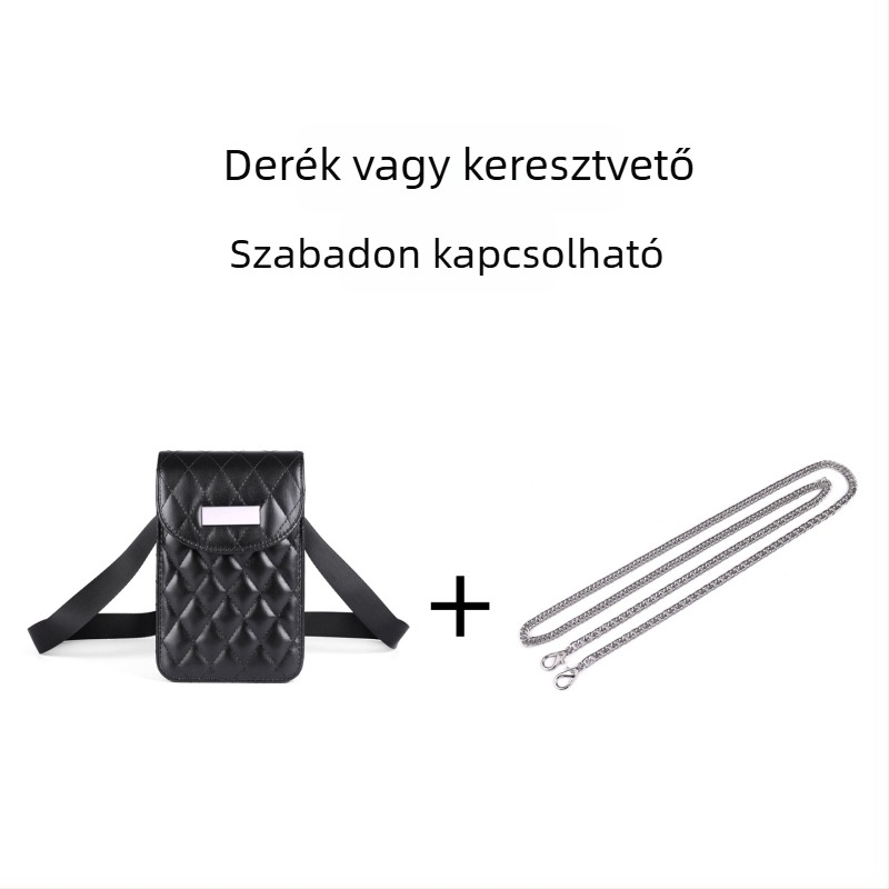 Láncos keresztbody övtáska, quiltelt mintázat, PU anyag, cipzáras nyitás, laminált belső zseb