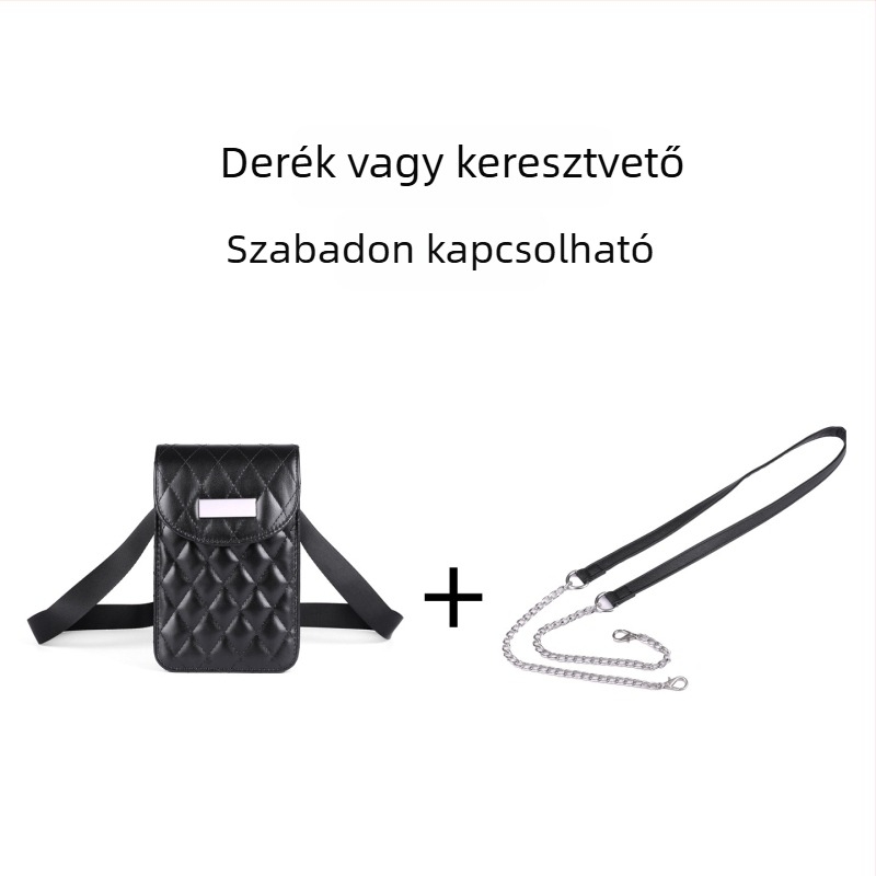 Láncos keresztbody övtáska, quiltelt mintázat, PU anyag, cipzáras nyitás, laminált belső zseb