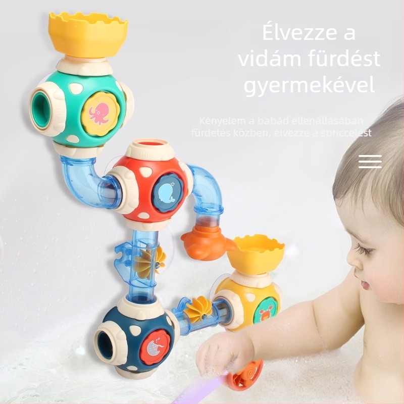 Gyerekeknek szóló fürdőjáték: forgó zuhany, moduláris cső rendszer és vízkerék; műanyagból készült; 4–6 éveseknek