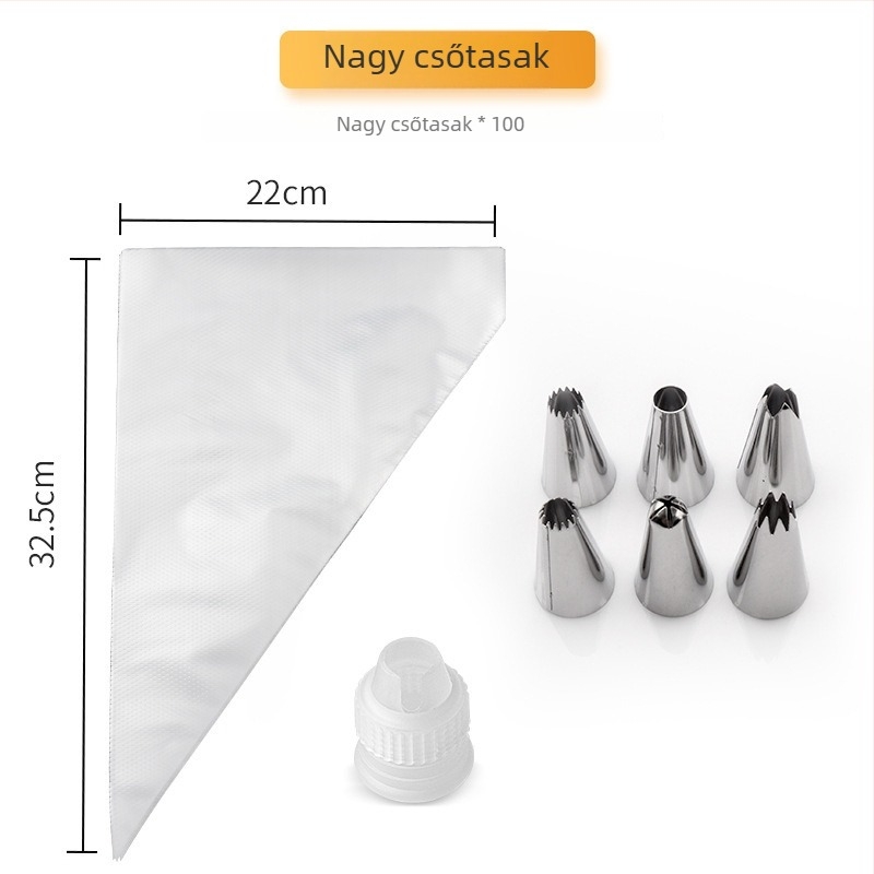 Dekoráló tasak készlet 10 darab egyszer használatos tasakkal és rozsdamentes acél csúcsokkal (304/316) sütéshez