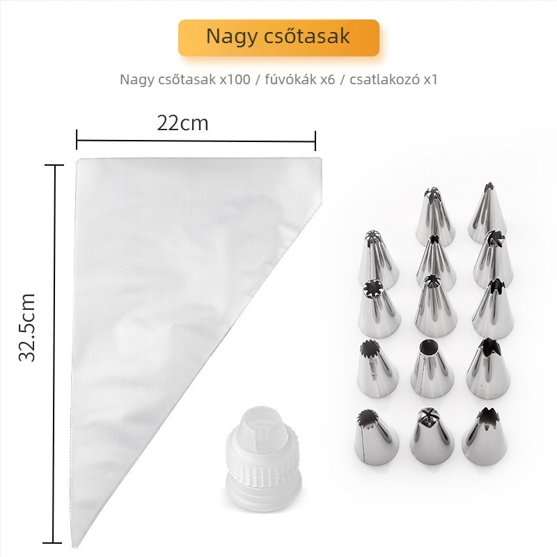 Dekoráló tasak készlet 10 darab egyszer használatos tasakkal és rozsdamentes acél csúcsokkal (304/316) sütéshez