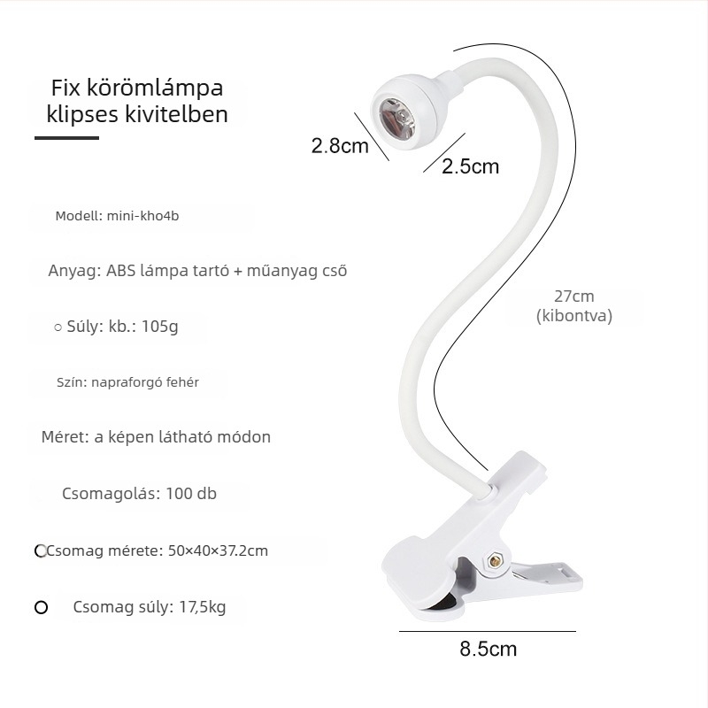 Állítható szögű asztali manikűrlámpa, 3W, nagy teljesítményű UV-gél lakkozáshoz, klippel