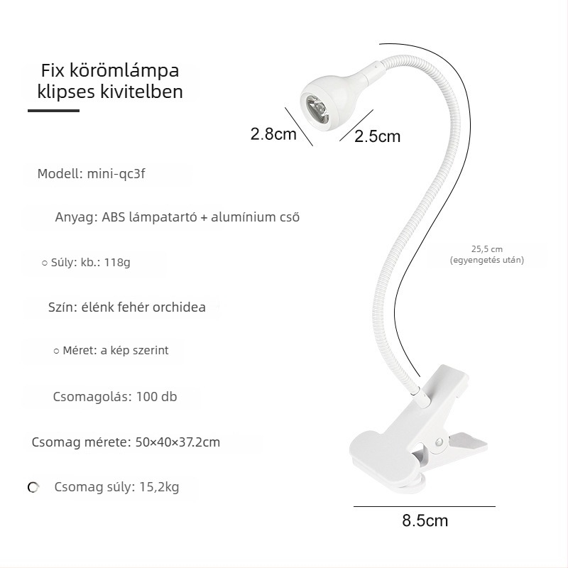 Állítható szögű asztali manikűrlámpa, 3W, nagy teljesítményű UV-gél lakkozáshoz, klippel