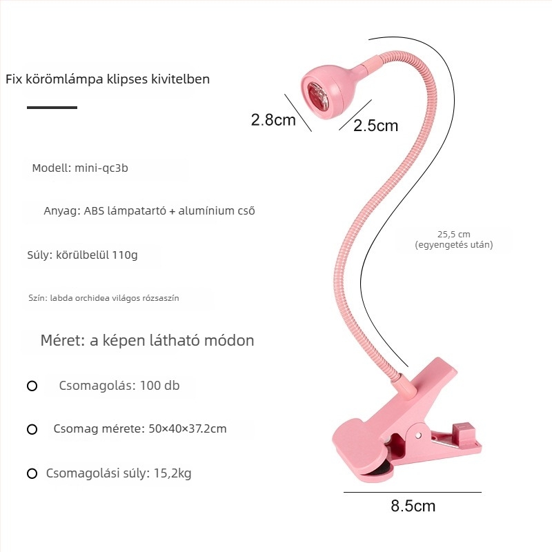 Állítható szögű asztali manikűrlámpa, 3W, nagy teljesítményű UV-gél lakkozáshoz, klippel