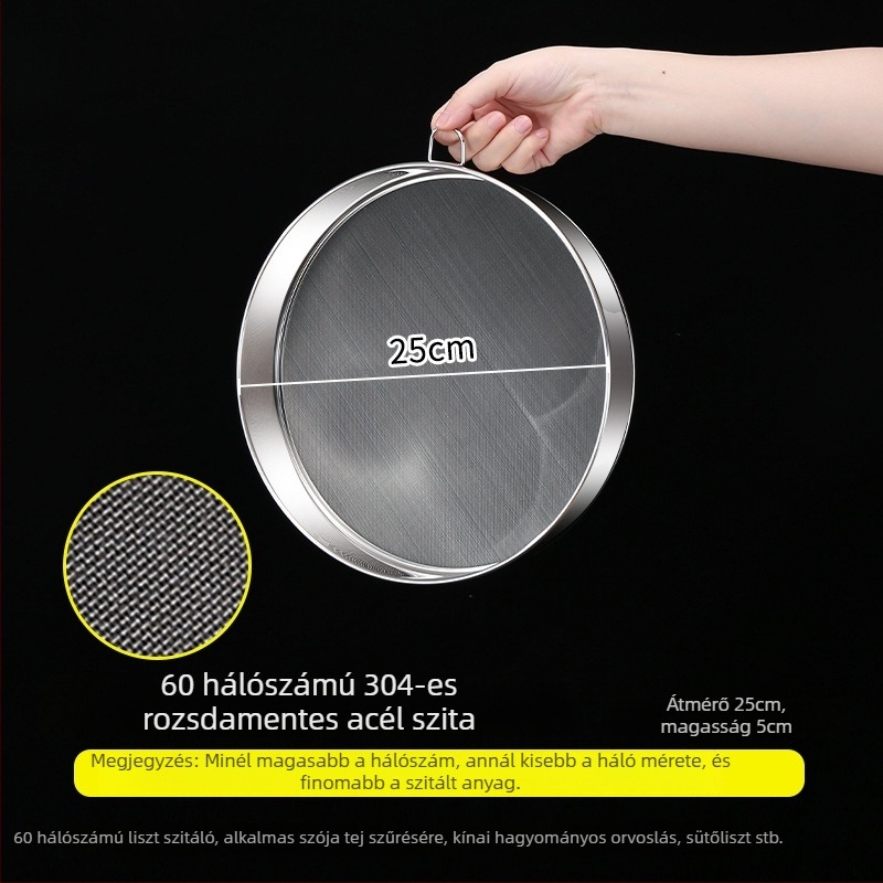 Runnuo 304 rozsdamentes acél lisztszitó, kézi használatú, ultrafin 60-mesh szita, eredet: Čao-zhou, Guangdong