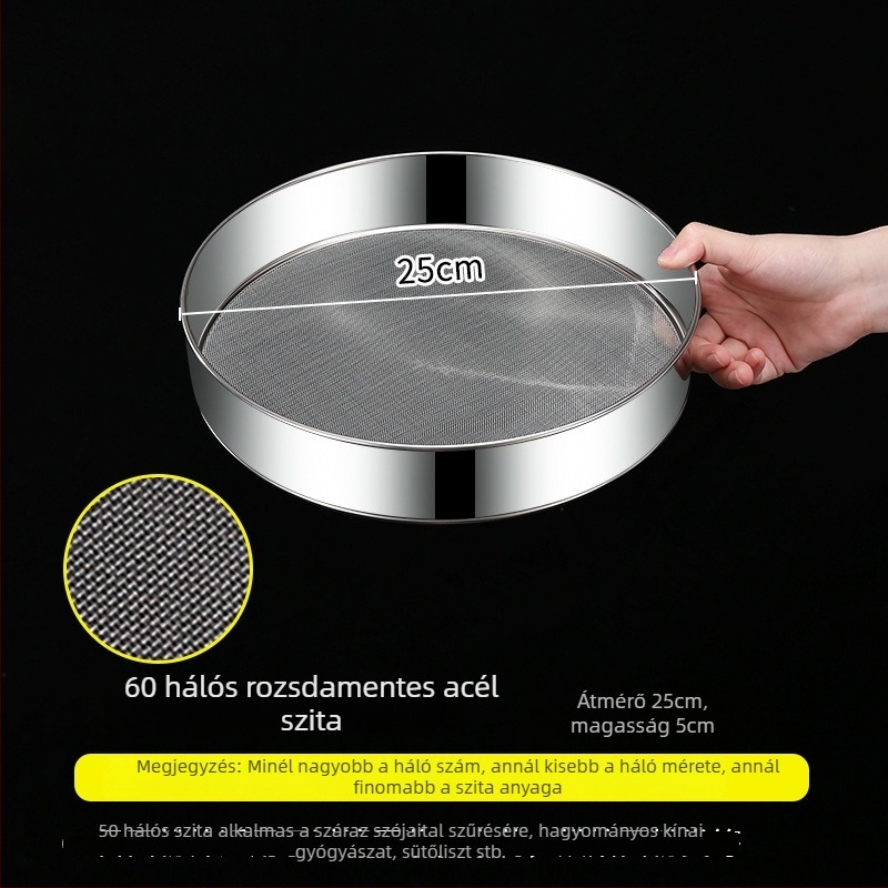 Runnuo 304 rozsdamentes acél lisztszitó, kézi használatú, ultrafin 60-mesh szita, eredet: Čao-zhou, Guangdong