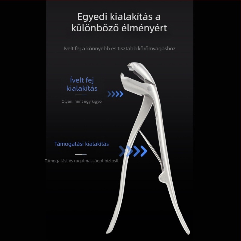 Rozsdamentes acél körömvágó olló görbített fejjel, ergonikus működtetés, anti-splash, széles nyitás