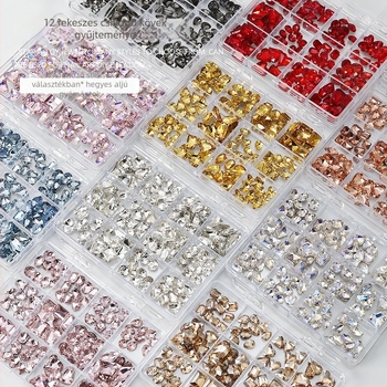 Köröm díszítés rhinestones készlet – 12 rekeszes tálca, formák: szív, pillangó, négyszög és nyolcszög; minimalist stílus; anyag: rhinestones