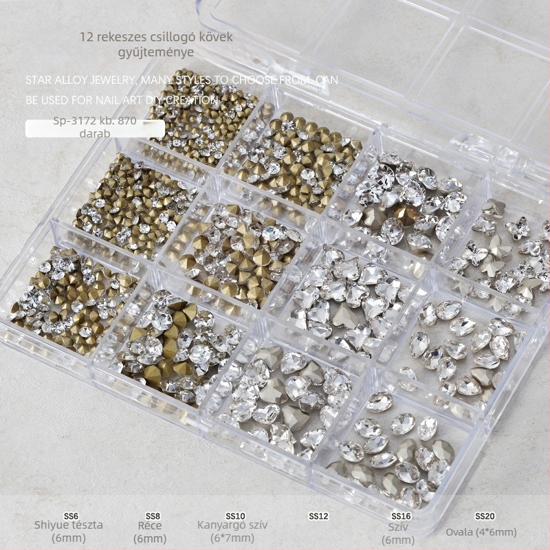 Köröm díszítés rhinestones készlet – 12 rekeszes tálca, formák: szív, pillangó, négyszög és nyolcszög; minimalist stílus; anyag: rhinestones