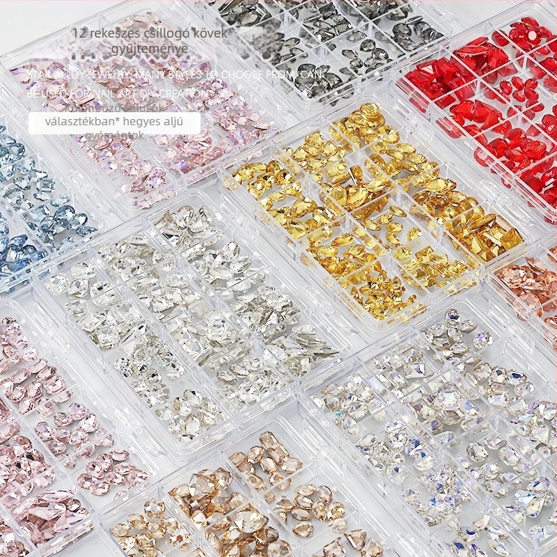 Köröm díszítés rhinestones készlet – 12 rekeszes tálca, formák: szív, pillangó, négyszög és nyolcszög; minimalist stílus; anyag: rhinestones