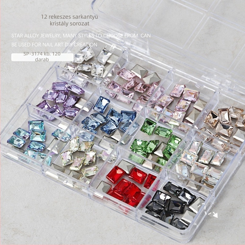 Köröm díszítés rhinestones készlet – 12 rekeszes tálca, formák: szív, pillangó, négyszög és nyolcszög; minimalist stílus; anyag: rhinestones