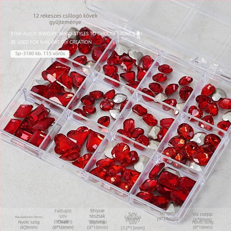 Köröm díszítés rhinestones készlet – 12 rekeszes tálca, formák: szív, pillangó, négyszög és nyolcszög; minimalist stílus; anyag: rhinestones