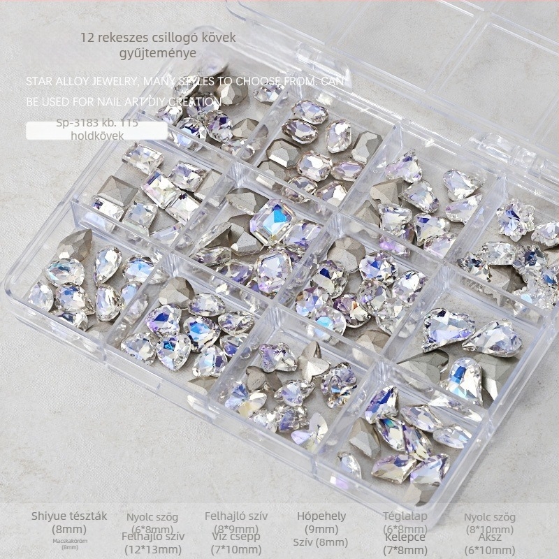 Köröm díszítés rhinestones készlet – 12 rekeszes tálca, formák: szív, pillangó, négyszög és nyolcszög; minimalist stílus; anyag: rhinestones
