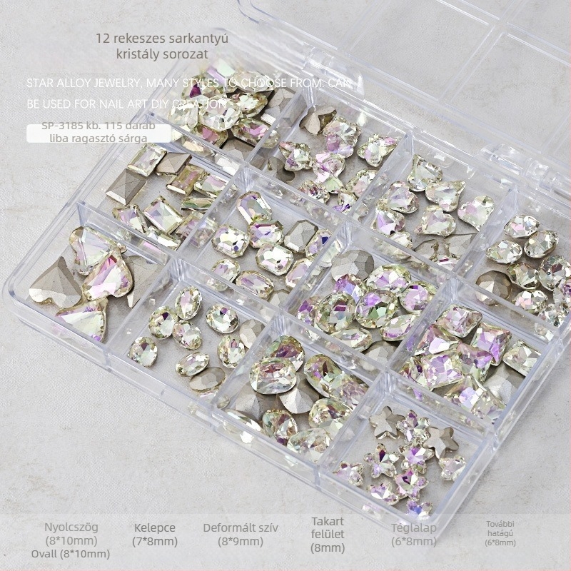 Köröm díszítés rhinestones készlet – 12 rekeszes tálca, formák: szív, pillangó, négyszög és nyolcszög; minimalist stílus; anyag: rhinestones