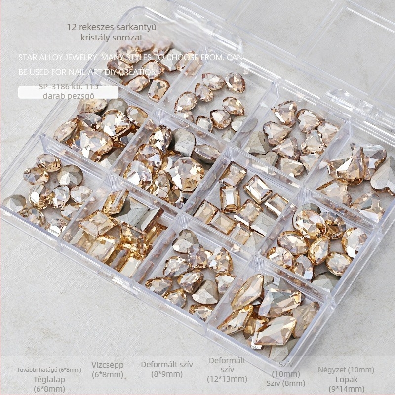Köröm díszítés rhinestones készlet – 12 rekeszes tálca, formák: szív, pillangó, négyszög és nyolcszög; minimalist stílus; anyag: rhinestones