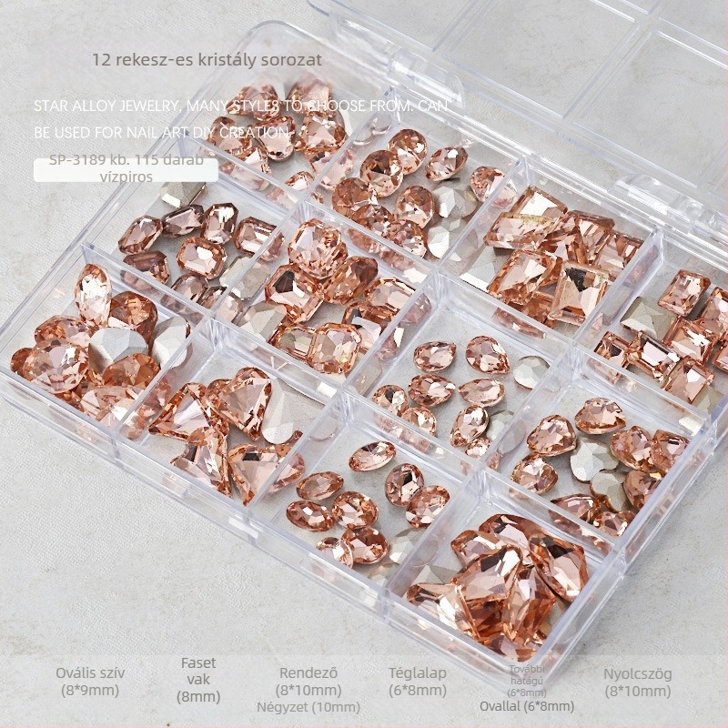 Köröm díszítés rhinestones készlet – 12 rekeszes tálca, formák: szív, pillangó, négyszög és nyolcszög; minimalist stílus; anyag: rhinestones