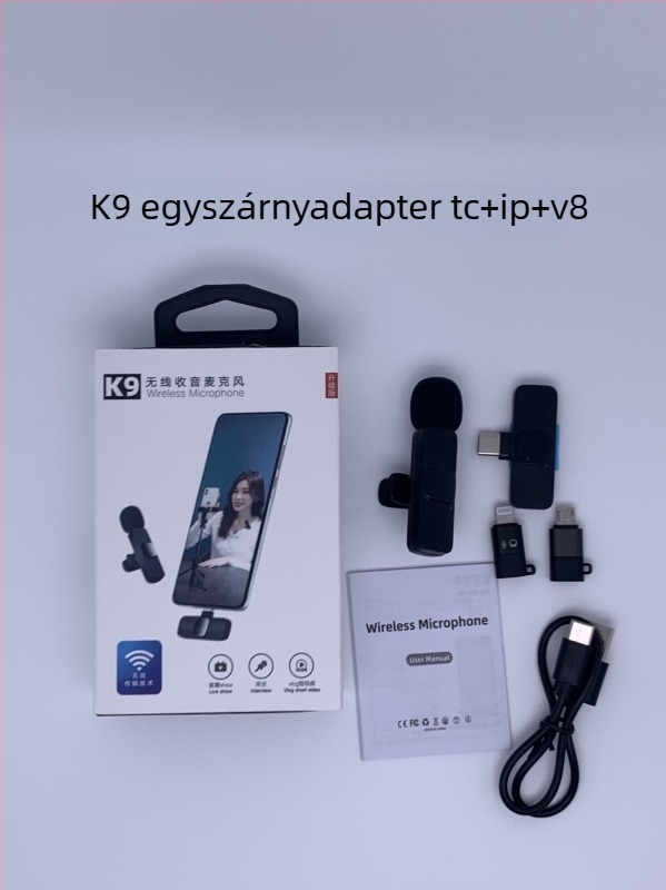 K9 lavalier mikrofon, vezetékes professzionális felvételhez és élő közvetítéshez, SNR ≥70 dB, beépített akkumulátor, 5V/5W, üzemidő 1-3 óra
