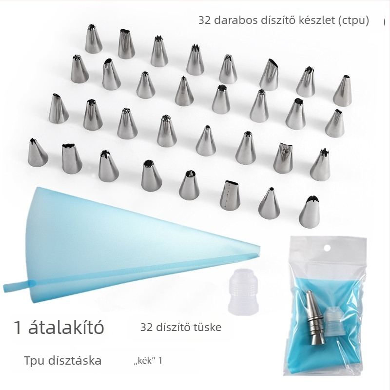 Rozsdamentes acél díszítőcső és díszítő tasak készlet torták dekorálásához, dobozban csomagolva, modern minimalist stílus
