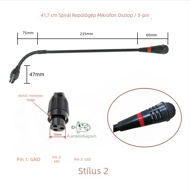 Gooseneck konferenciás mikrofon három-pontos négyvezetékes repülőcsatlakozóval, kábeles, 20Hz-20kHz, SNR ≥70dB