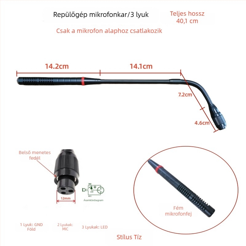 Gooseneck konferenciás mikrofon három-pontos négyvezetékes repülőcsatlakozóval, kábeles, 20Hz-20kHz, SNR ≥70dB