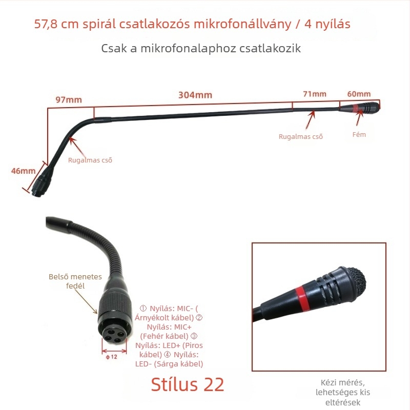 Gooseneck konferenciás mikrofon három-pontos négyvezetékes repülőcsatlakozóval, kábeles, 20Hz-20kHz, SNR ≥70dB