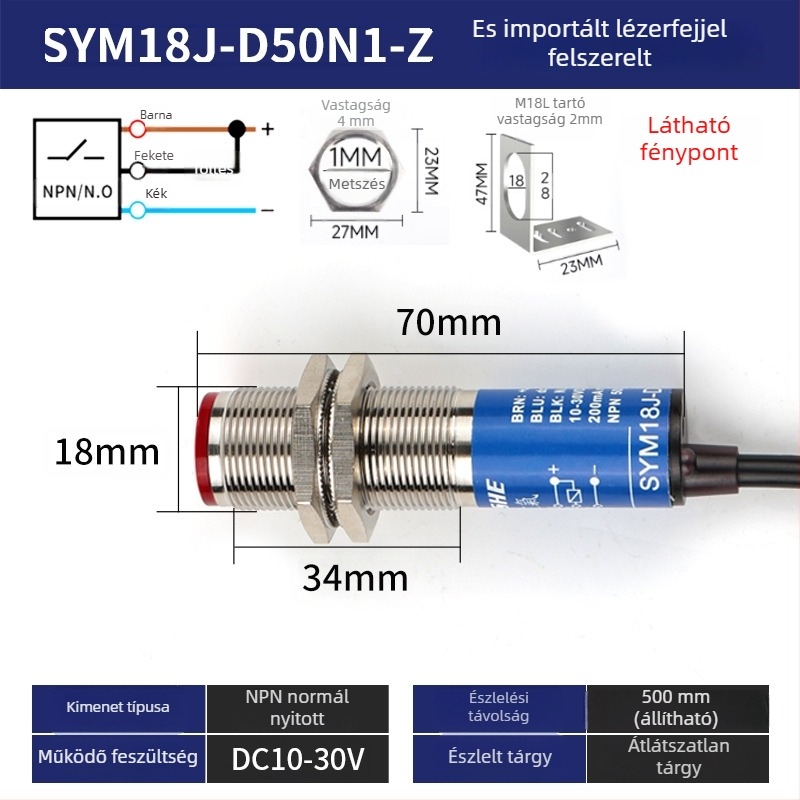 M18 lézeres érzékelő SYM18J-D50N1 diffúz infravörös fotóelektrikus kapcsoló, IP66