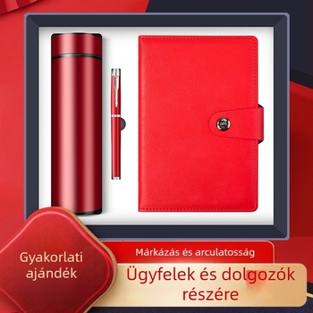 Üzleti ajándékcsomag termosz pohárral, jegyzetfüzettel, egyedi logóval és irodai ajándékdobozzal