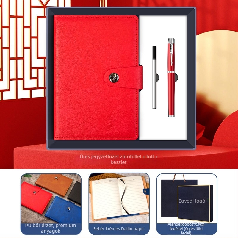 Üzleti ajándékcsomag termosz pohárral, jegyzetfüzettel, egyedi logóval és irodai ajándékdobozzal